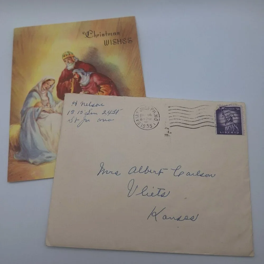 Vintage Christmas Card 1955‎ Nativity Scene Envelope 3 Cent Stamp Letter Kansas